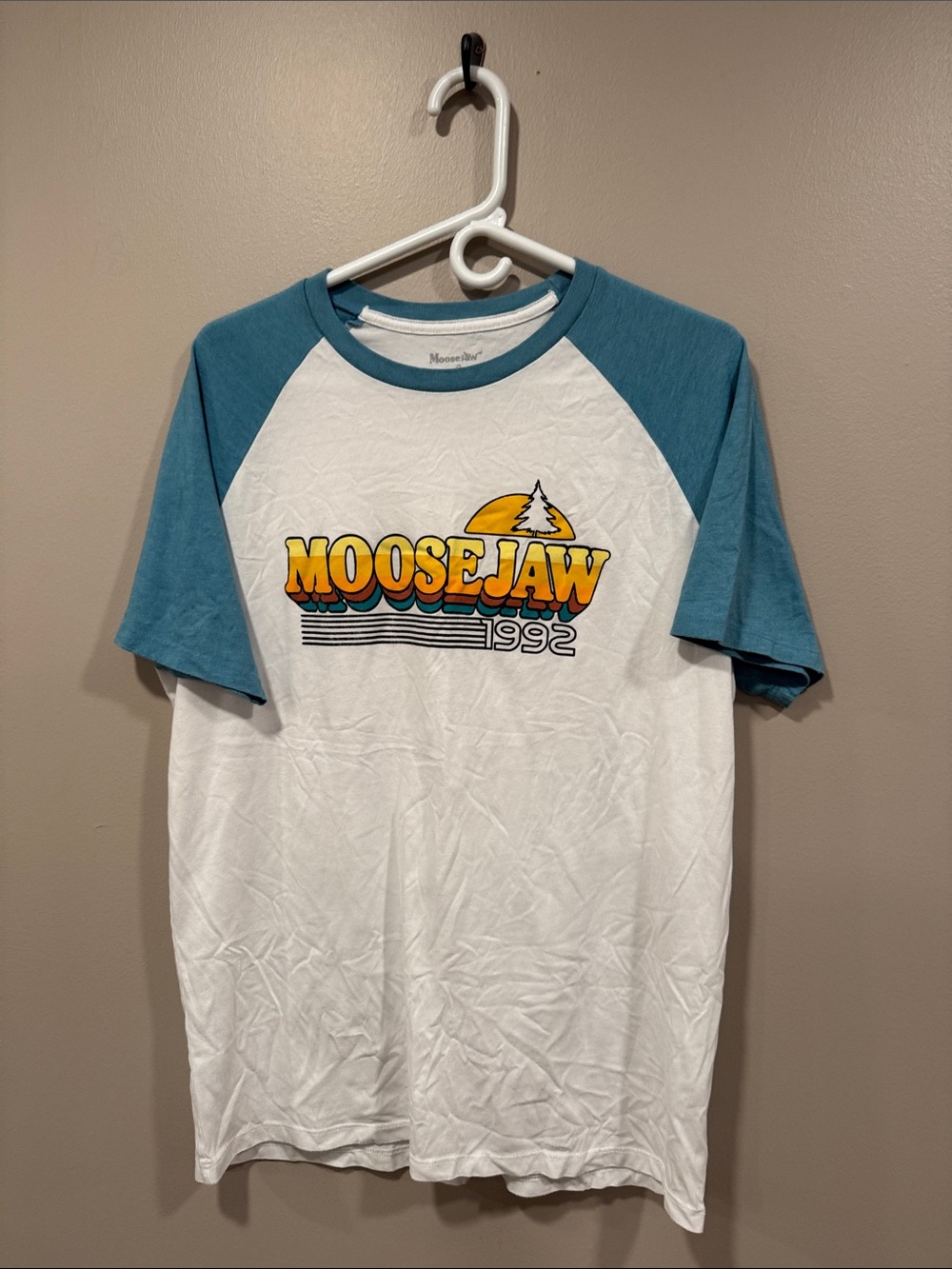 Moosejaw White Tee with Teal Raglan Sleeves and Yellow Graphic